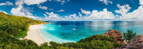 Aerial Pano of Grand Anse beach at La Digue island in Seychelles. White sandy... - 901155838