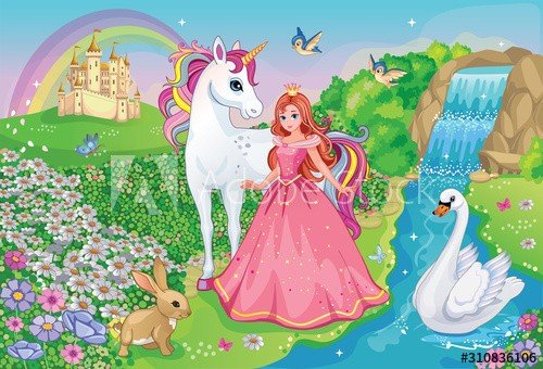 Beautiful Princess with white unicorn and Swan. Fairytale background with flo... - 901155909