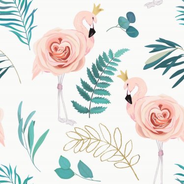 Abstract seamless pattern with flamingos, roses and eucalyptus branches. Wate... - 901155977