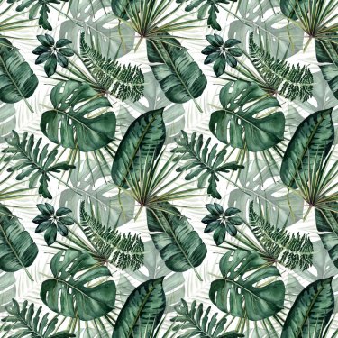 Watercolor seamless pattern with tropical leaves: palms, monstera, passion fr... - 901155982