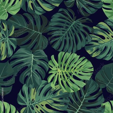 Vector seamless pattern with green monstera palm leaves on dark background. S... - 901156107