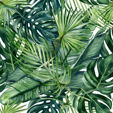 Watercolor hand painted seamless pattern with green tropical leaves of monstera, banana tree and palm on white background.