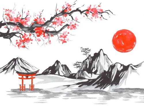 Japan traditional sumi-e painting. Fuji mountain, sakura, sunset. Japan sun. ... - 901156245