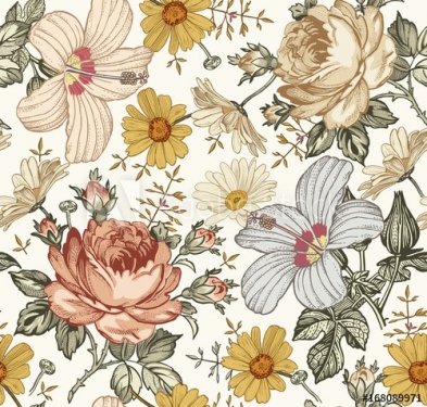 Seamless pattern. Beautiful pink blooming realistic isolated flowers. Vintage... - 901156285