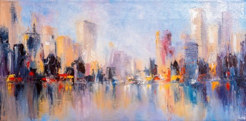 Skyline city view with reflections on water. Original oil painting - 901156305
