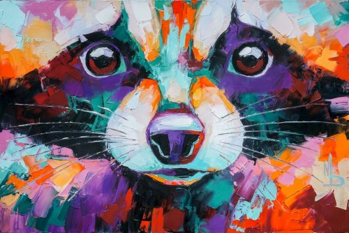 Oil raccoon portrait painting in multicolored tones. Conceptual abstract painting of a raccoon muzzle.