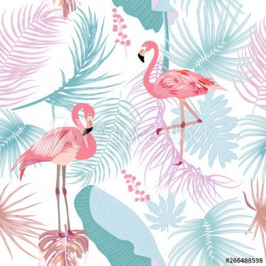 Seamless pattern of flamingo, leaves monstera. Tropical leaves of palm tree a... - 901156454