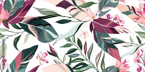 botanic seamless pattern with exotic flowers and leaves, hand drawn backgroun... - 901156517