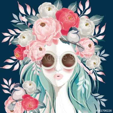 Vector illustration of a sunglasses woman with floral bouquet on her hair in ... - 901156542