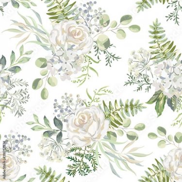 White rose, hydrangea flowers with green leaves bouquets background. Floral illustration. Vector seamless pattern. Botanical design.