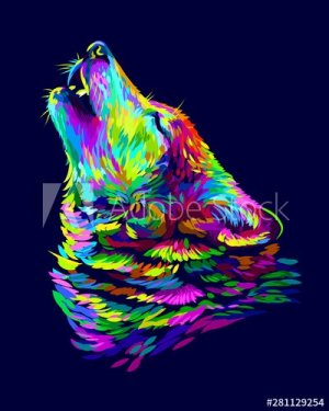 Wolf howls. Abstract, colorful, neon portrait of a wolf's head on a dark blue background in pop art style.