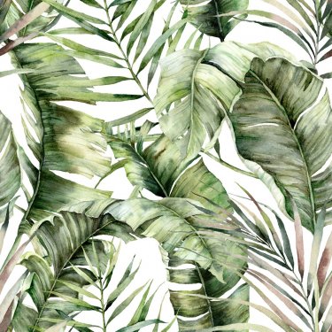 Watercolor seamless pattern with tropical palm leaves. Hand painted exotic leaves and branches isolated on white background.