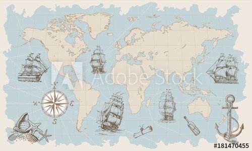 Hand drawn vector world map with compass, anchor and sailing ships in vintage style.