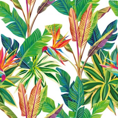 Tropical jungle birds of paradise and leaves seamless