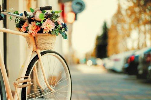 White bicycle with basket of flowers standing near the door on the street in city.