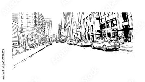Building view with landmark of Montreal is the city in Canada. Hand drawn sketch illustration in vector.