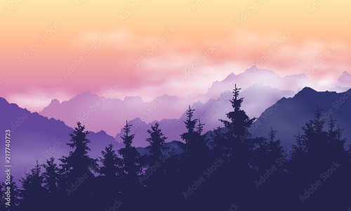 Mountain landscape with forest, clouds and fog between hills, under purple yellow sky with dawn