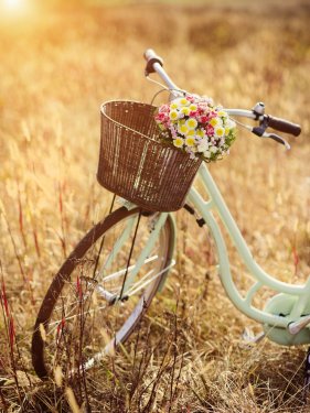 Vintage bicycle with basket full of flowers standing in field - 901157118