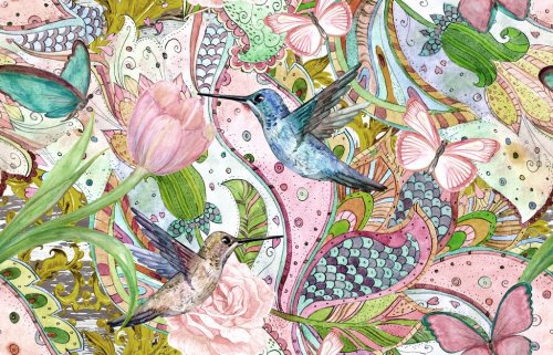 Textures fashion avec fleurs et oiseau mouche en peinture aquarelle - 901157147