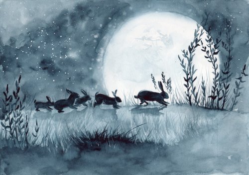 Watercolor picture of some rabbits running across the field with shining moon on the background