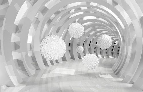3d wall tunnel with flying balls 3d rendering