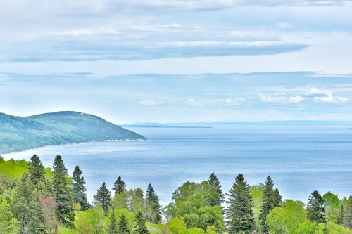 Landscape aerial view of mountain cliff coast and Saint Lawrence River in summer in La Malbaie, Quebec, Canada in Charlevoix region