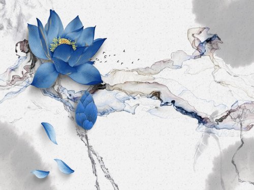 Abstract illustration, white background with gray spots, dark smoke, two large blue flowers