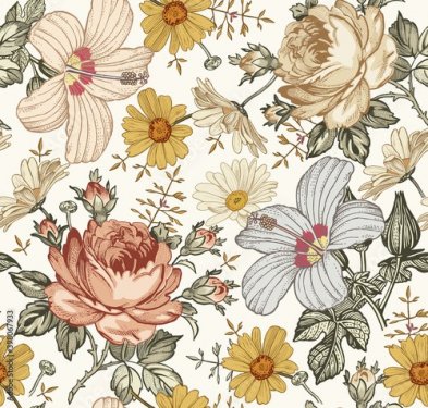 Seamless pattern Chamomile Roses hibiscus mallow wildflowers Beautiful fabric... - 901157409
