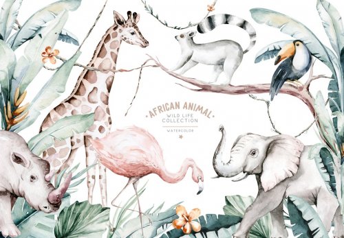 Illustration à l'aquarelle d'animaux africains : lémurien, flamant rose et girafe, toucan et rhinocéros, rhinocéros et éléphant isolés sur fond blanc. Safari savane.