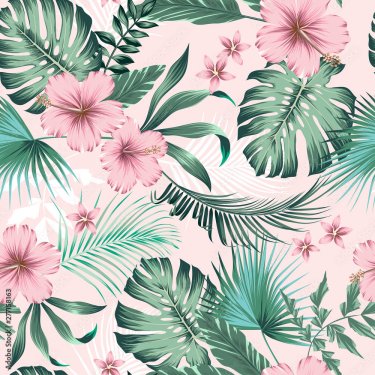 vector seamless botanical tropical pattern with flowers. Lush foliage floral ... - 901157801