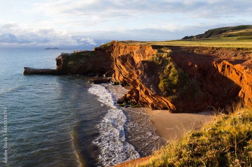 High angle view of red sandstone cliffs and Dunes-du-Sud beach seen during a ... - 901157723
