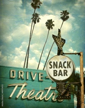 Aged and worn vintage photo of drive in theater and snack bar sign - 901157894