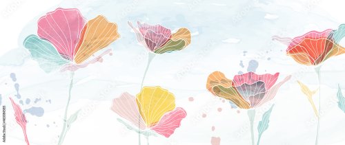 Watercolor art background vector. Wallpaper design with winter flower paint brush line art. Earth tone blue, pink, ivory, beige watercolor Illustration