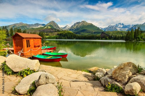 Colorful boats and hut on the lake Strbske Pleso, Slovakia, Europe - 901157886