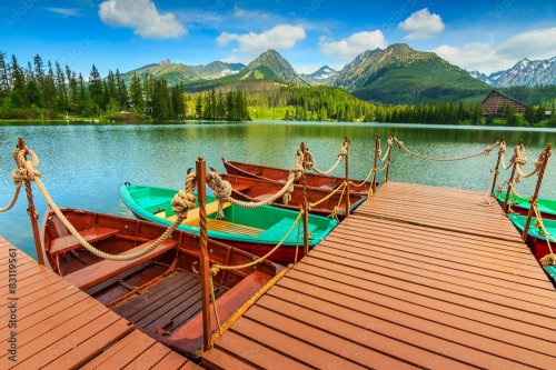 Bateaux en bois colorés sur le lac alpin Strbske Pleso, Slovaquie - 901157887