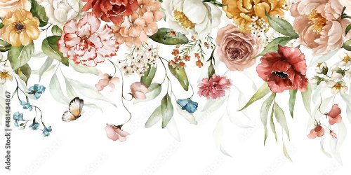Bouquet border - green leaves and blush pink flowers on white background. - 901157839