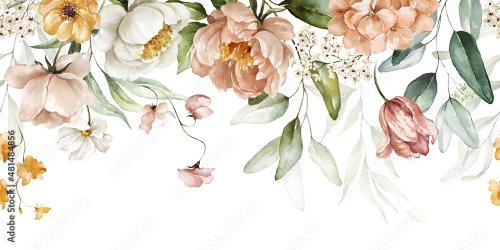 Bouquet border - green leaves and blush pink flowers on white background