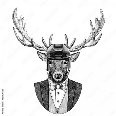 Deer Animal wearing jacket with bow-tie and hockey helmet or aviatior helmet
