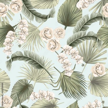 Tropical floral boho dried palm leaves, orchid, rose flower seamless pattern ... - 901157788