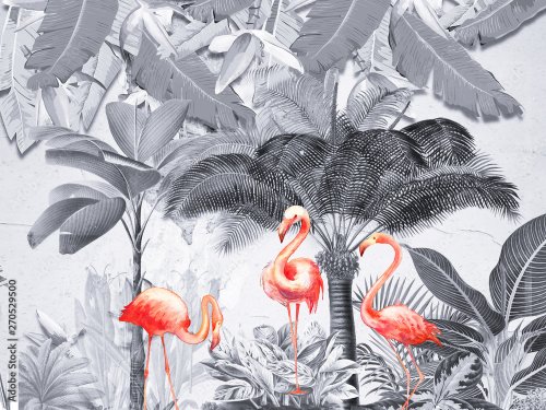 Landscape monochrome background, jungle, palm trees and large plants, large feathers, three pink flamingos