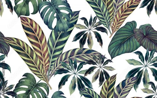 Watercolor painting colorful tropical leaf,green leave seamless pattern background.Watercolor hand drawn illustration tropical exotic leaf prints