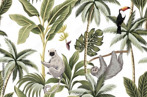 Motif d'animaux vintages tropicaux, toucan, singes, palmiers, bananier motif ... - 901157799