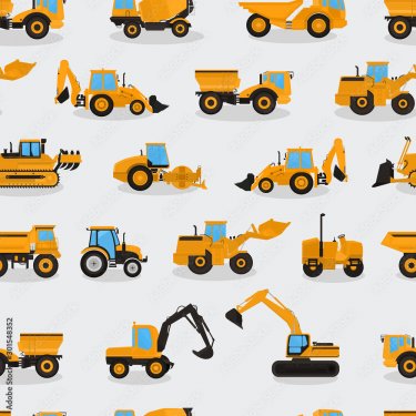 Seamless vector pattern with work machines and equipment on a light background.