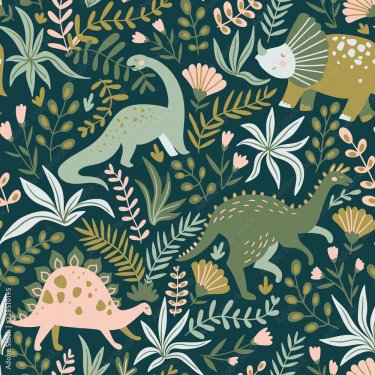Hand drawn seamless pattern with dinosaurs and tropical leaves and flowers.