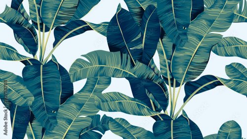 Motif de feuilles de bananiers sur fond bleu pâle - 901157777