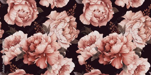 Seamless floral pattern with peony flowers on summer background, watercolor. - 901157819