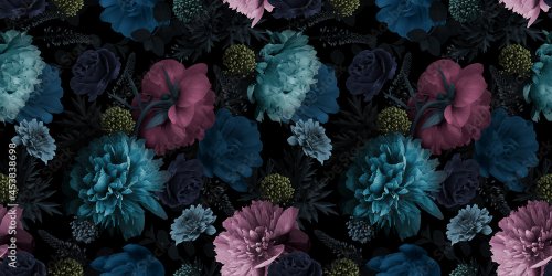 Floral seamless pattern. Multicolored flowers peonies on a black background. - 901157874