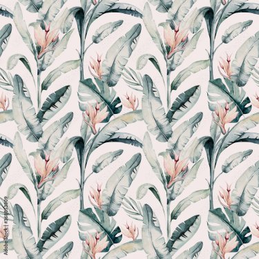 Tropical seamless pattern with flamingo. Watercolor tropic drawing, rose bird... - 901157835
