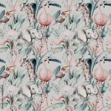 Tropical seamless pattern with flamingo. Watercolor tropic drawing, rose bird... - 901157780