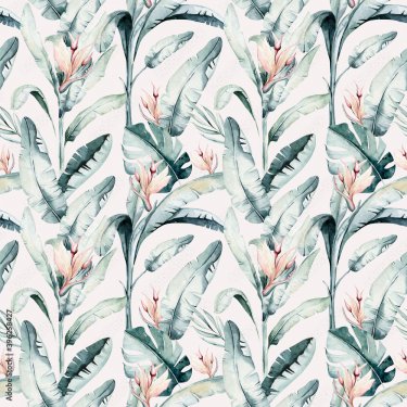 Tropical seamless pattern with flamingo. Watercolor tropic drawing, rose bird... - 901157783